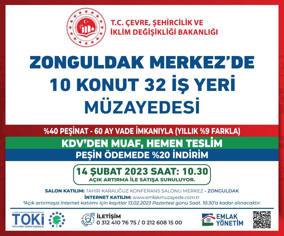 Zonguldak'ta 10 konut ve 32 iş yeri satacak